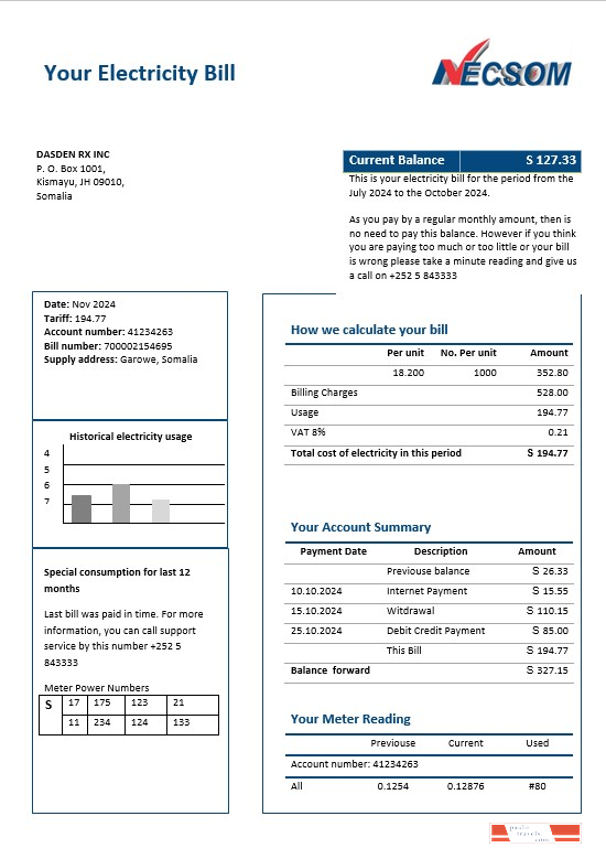 Somalia NESCOM Company electricity business utility bill template in Word and PDF formats